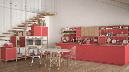 Minimalist red and white wooden kitchen, loft with stairs, classic scandinavian interior design
