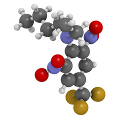 Benfluralin herbicide molecule. 3D rendering. Atoms are represented as spheres with conventional color coding: hydrogen (white), carbon (grey), oxygen (red), nitrogen (blue), fluorine (gold).