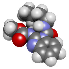 Benomyl fungicide molecule. 3D rendering. Atoms are represented as spheres with conventional color coding: hydrogen (white), carbon (grey), oxygen (red), nitrogen (blue).