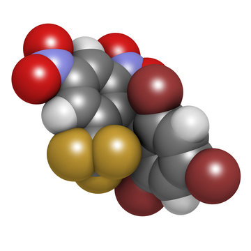 Bromethalin rodenticide molecule (rat poison). 3D rendering. Atoms are represented as spheres with conventional color coding.