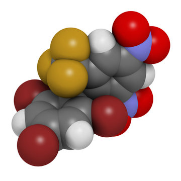 Bromethalin rodenticide molecule (rat poison). 3D rendering. Atoms are represented as spheres with conventional color coding.
