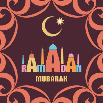 Ramadan greeting card with the image of the mosque, minarets  and middle east ornament in Moorish style. Vector template