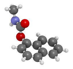 Carbaryl (carbaril) insecticide molecule (carbamate class). 3D rendering. Atoms are represented as spheres with conventional color coding.