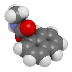Carbaryl (carbaril) insecticide molecule (carbamate class). 3D rendering. Atoms are represented as spheres with conventional color coding.