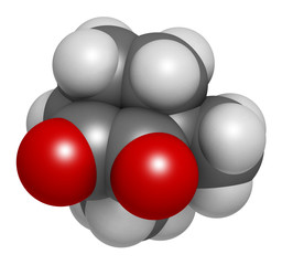 Camphorquinone visible-light photoinitiator molecule. 3D rendering. Atoms are represented as spheres with conventional color coding: hydrogen (white), carbon (grey), oxygen (red).
