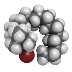 Cetrimonium bromide antiseptic surfactant molecule. 3D rendering. Atoms are represented as spheres with conventional color coding: hydrogen (white), carbon (grey), nitrogen (blue), bromine (brown).