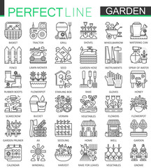 Gardening and flower outline concept symbols. Perfect thin line stroke icons. Modern linear style illustrations set.