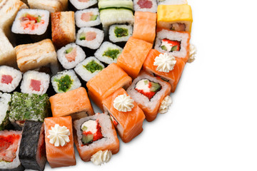 Set of sushi, maki and rolls isolated on white closeup