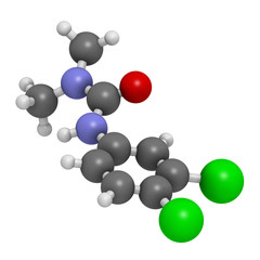 Diuron (DCMU) herbicide molecule. 3D rendering. Atoms are represented as spheres with conventional color coding: hydrogen (white), carbon (grey), nitrogen (blue), oxygen (red), chlorine (green).