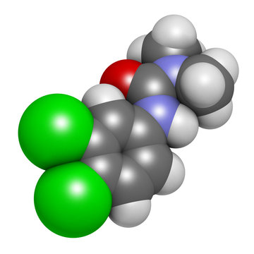 Diuron (DCMU) herbicide molecule. 3D rendering. Atoms are represented as spheres with conventional color coding: hydrogen (white), carbon (grey), nitrogen (blue), oxygen (red), chlorine (green).