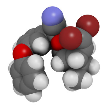 Deltamethrin insecticide molecule (synthetic pyrethroid). 3D rendering. Atoms are represented as spheres with conventional color coding.