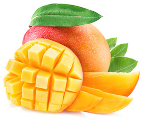 Mango fruit with leaf isolated on the white background.