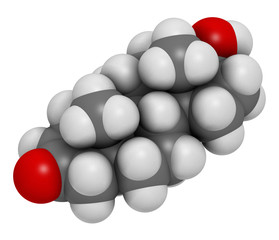 Dihydrotestosterone (DHT, androstanolone, stanolone) hormone molecule. 3D rendering. Atoms are represented as spheres with conventional color coding: hydrogen (white), carbon (grey), oxygen (red).