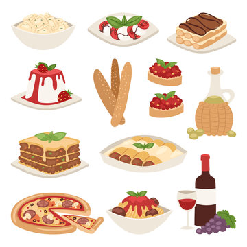 Cartoon italy food cuisine delicious homemade cooking fresh traditional lunch vector illustration.