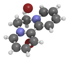 Diquat dibromide contact herbicide molecule 3D rendering. Atoms are represented as spheres with conventional color coding: hydrogen (white), carbon (grey), nitrogen (blue), bromine (brown).