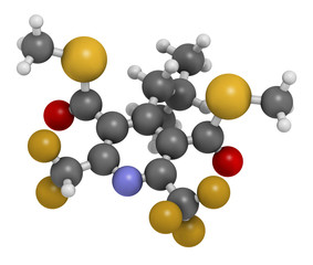 Dithiopyr preemergent herbicide molecule. 3D rendering. Atoms are represented as spheres with conventional color coding.