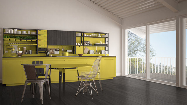 Minimalist gray and yellow wooden kitchen, big panoramic window, classic scandinavian interior design