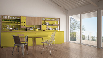 Minimalist white and yellow wooden kitchen, big panoramic window, classic scandinavian interior design