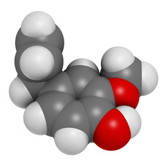 Eugenol herbal essential oil molecule. Present in cloves, nutmeg, etc. 3D rendering. Atoms are represented as spheres with conventional color coding: hydrogen (white), carbon (grey), oxygen (red).
