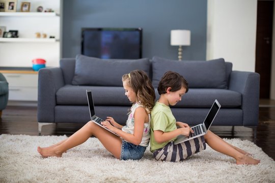 Siblings sitting back to back and using laptop