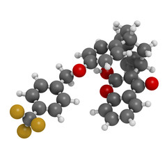 Flocoumafen rodenticide molecule (vitamin K antagonist). 3D rendering. Atoms are represented as spheres with conventional color coding: hydrogen (white), carbon (grey), oxygen (red), fluorine (gold).
