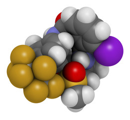 flubendiamide insecticide molecule (ryanoid class). 3D rendering. Atoms are represented as spheres with conventional color coding. 