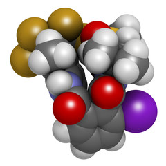 flubendiamide insecticide molecule (ryanoid class). 3D rendering. Atoms are represented as spheres with conventional color coding. 