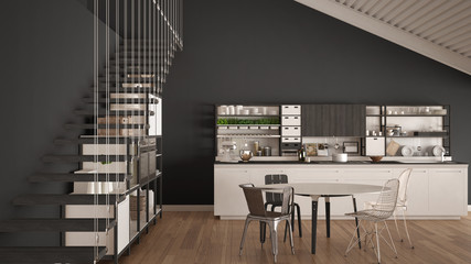 Minimalist white and gray wooden kitchen, loft with stairs, classic scandinavian interior design