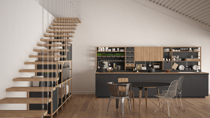 Minimalist white and gray wooden kitchen, loft with stairs, classic scandinavian interior design