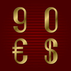 Nine, zero isolated golden numbers, dollar and euro signs. Presentable gold font.