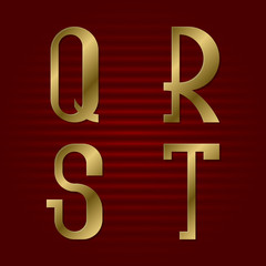 Presentable gold font. Q, R, S, T isolated golden letters.