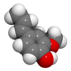 Isoeugenol fragrance molecule. 3D rendering. Atoms are represented as spheres with conventional color coding: hydrogen (white), carbon (grey), oxygen (red).
