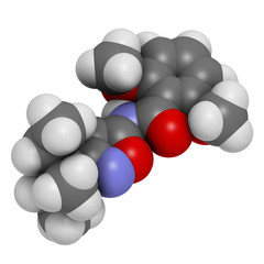 Isoxaben herbicide molecule. 3D rendering. Atoms are represented as spheres with conventional color coding: hydrogen (white), carbon (grey), nitrogen (blue), oxygen (red).
