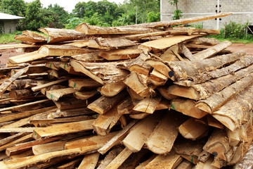 Pile of teak wood at woodyard in suburb factory, Northern Thailand