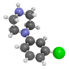 Meta-chlorophenylpiperazine (mCPP) psychoactive drug molecule. 3D rendering. Atoms are represented as spheres with conventional color coding.