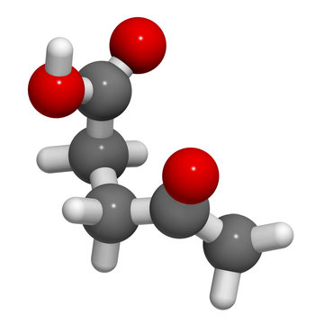 Levulinic acid molecule. Made by degradation of cellulose, potential precursor to biofuels. 3D rendering. Atoms are represented as spheres.