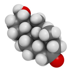 Mesterolone androgen molecule. 3D rendering. Atoms are represented as spheres with conventional color coding: hydrogen (white), carbon (grey), oxygen (red).