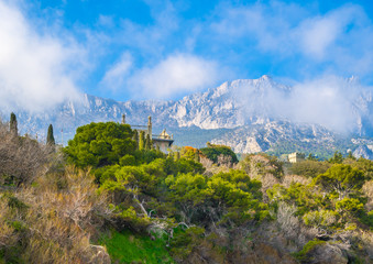 The Vorontsov Park on the Black Sea coast against Ai-Petri mount. Crimea