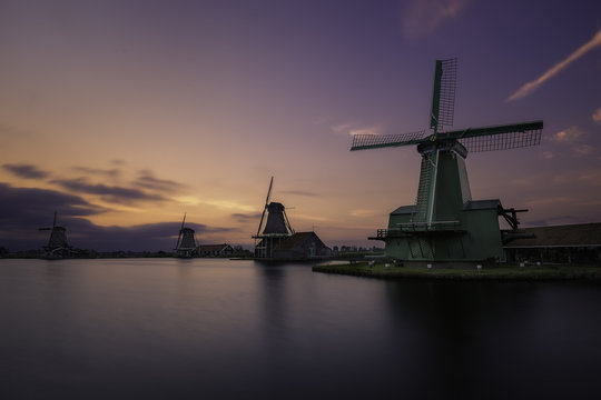 Windmills in Zaanse Schans, a collection of well-preserved historic windmills and typical dutch houses, Netherlands