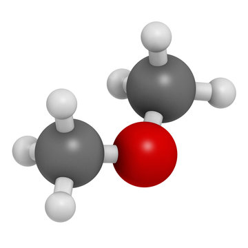 Dimethyl ether (methoxymethane, DME) molecule. 3D rendering. Atoms are represented as spheres with conventional color coding: hydrogen (white), carbon (grey), oxygen (red).