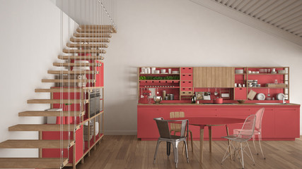 Minimalist white and red wooden kitchen, loft with stairs, classic scandinavian interior design
