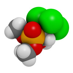 Metrifonate (trichlorfon) insecticide molecule. 3D rendering. Atoms are represented as spheres with conventional color coding.