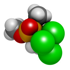 Metrifonate (trichlorfon) insecticide molecule. 3D rendering. Atoms are represented as spheres with conventional color coding.
