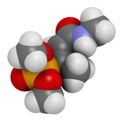 Monocrotophos organophosphate insecticide molecule. Also known to be persistent organic pollutant. 3D rendering. Atoms are represented as spheres with conventional color coding.