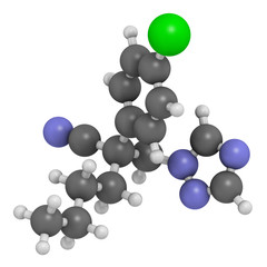 Myclobutanil antifungal molecule (triazole class). 3D rendering. Atoms are represented as spheres with conventional color coding: hydrogen (white), carbon (grey), nitrogen (blue), chlorine (green).
