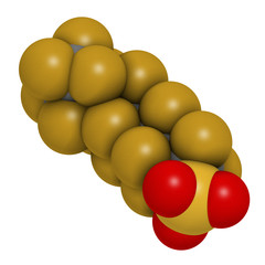 Perfluorooctanesulfonic acid (perfluorooctane sulfonate, PFOS) persistent organic pollutant molecule. 3D rendering. Atoms are represented as spheres with conventional color coding.