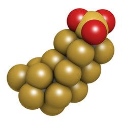 Perfluorooctanesulfonic acid (perfluorooctane sulfonate, PFOS) persistent organic pollutant molecule. 3D rendering. Atoms are represented as spheres with conventional color coding.