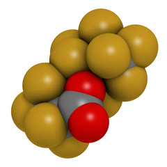 Perfluorooctanoic acid (PFOA, perfluorooctanoate) carcinogenic pollutant molecule. 3D rendering. Atoms are represented as spheres with conventional color coding.