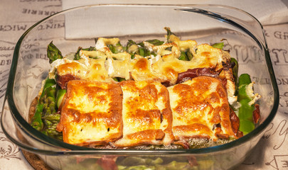 Boiled asparagus, speck and cheese.