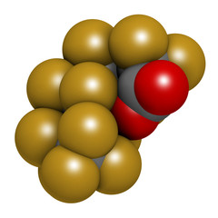 Perfluorooctanoic acid (PFOA, perfluorooctanoate) carcinogenic pollutant molecule. 3D rendering. Atoms are represented as spheres with conventional color coding.